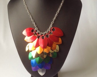 Rainbow Statement Necklace, Dragon Scale Jewelry, Chainmaille Necklace, Lesbian Girlfriend Gift, Best Friend Birthday Gift For Her,