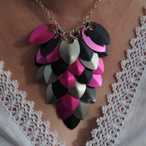 Hot Pink And Black Necklace, Dragon Scale Necklace, Chain Mail Necklace, Best Friend Birthday Gift For Her, Colorful Goth Jewelry For Women image 2