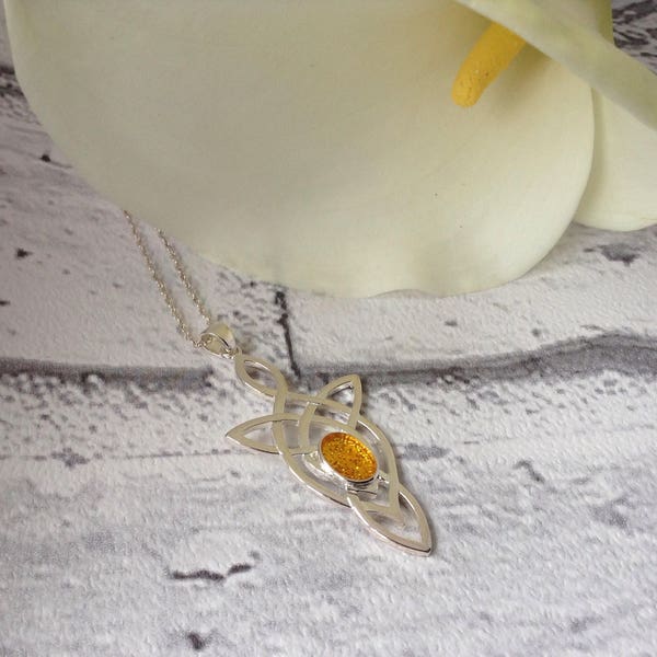 Sterling Silver Celtic Necklace, Yellow Resin Pendant, Delicate Sterling Silver Necklace, Pagan Handfasting, Gift From Husband,