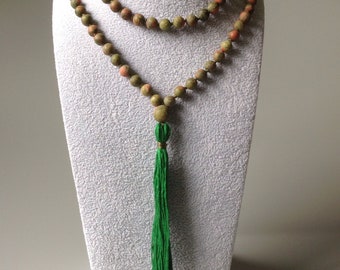 Unakite Necklace Tassel, Green Mala Necklace For Women, Meditation Gifts For Sister In Law, Yoga Lover Gifts For Her, Unique Gifts For Mom