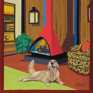 Mid Century Modern Eames Retro Limited Edition Print from Original Painting Fireplace Golden Retriever