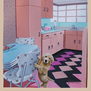 Mid Century Modern Eames Retro  Print from Original Painting Flamingo Pink Kitchen Puppy