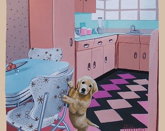 Mid Century Modern Eames Retro  Print from Original Painting Flamingo Pink Kitchen Puppy