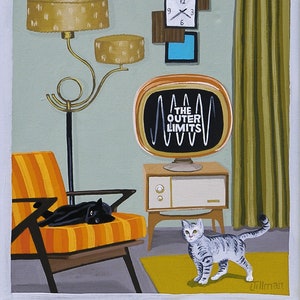 May include: A mid-century modern living room scene with a black cat lounging in an orange and brown striped armchair. A vintage television set with the words "The Outer Limits" on the screen is in the background. A gray and white cat is standing on a yellow rug in front of the television.