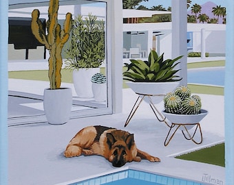 Impression en édition limitée rétro Eames moderne du milieu du siècle à partir d'une peinture originale de berger allemand au bord de la piscine
