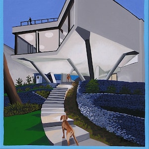 Pode incluir: Uma pintura de uma casa moderna com um exterior branco e um c&eacute;u azul. H&aacute; dois c&atilde;es no quintal, um marrom e um branco. A casa tem uma janela grande e um conjunto de escadas que levam &agrave; porta da frente.