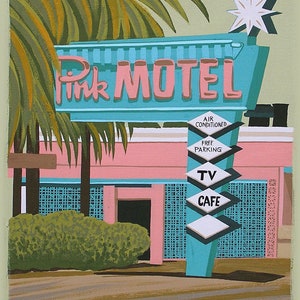 Mid Century Modern Eames Retro Limited Edition Print from Original Painting Pink Motel