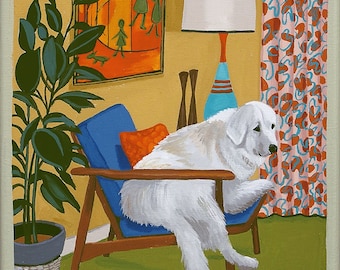 Mid Century Modern Original Painting Great Pyrenees Danish Chair