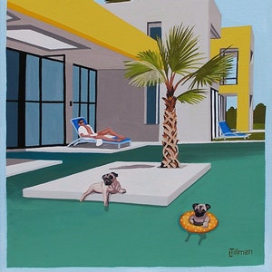 Mid Century Modern Eames Retro Limited Edition Print from Original Painting Pugs in the Pool