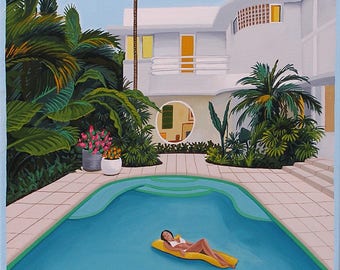 Florida Deco Pool Print Mid Century Modern Woman Floating Deco Architecture Limited Edition Print