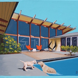 Mid Century Modern Eames Retro Limited Edition Print from Original Painting Retrievers Pool