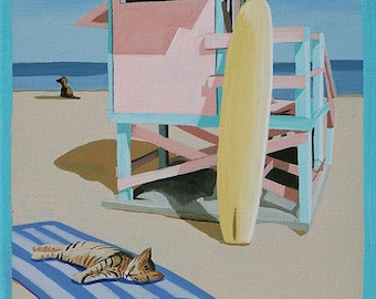 Mid Century Modern Eames Retro Limited Edition Print from Original Painting Life Guard Station Cat