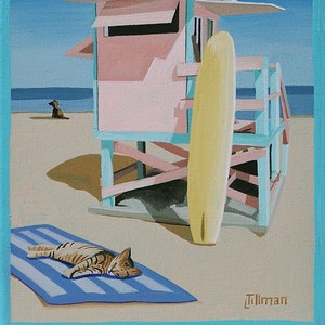 Mid Century Modern Eames Retro Limited Edition Print from Original Painting Life Guard Station Cat