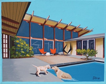 Mama Hund und Welpe Mid Century Modern Limited Edition Retriever Pool Schwimmen