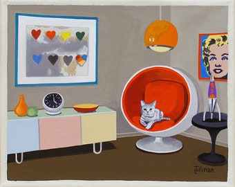 Mid Century Modern Eames Retro Limited Edition Print from Original Painting Mod Room Cat