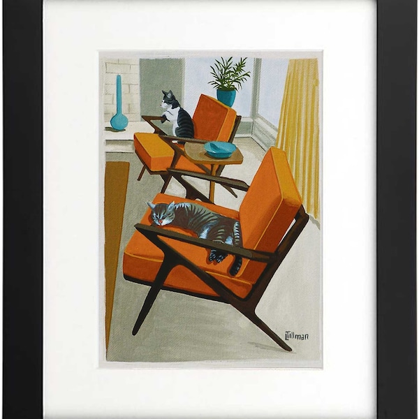 Mid Century Modern Eames Retro  Print from Original Painting Cats on Z Chairs