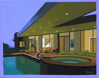 May include: A painting of a modern house with a swimming pool and a hot tub. The house is lit up at night and the pool is reflecting the light. The painting is signed "Tillman".