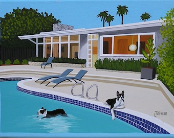 Boston Terriers Dog Print Mid Century Modern Limited Edition Print Boston Terriers Swimming Pool Patio Ranch Wall Art
