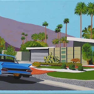 Mid Century Modern Limited Edition Print à partir de la peinture originale Palm Springs House Car