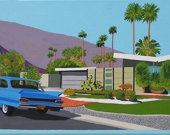 Mid Century Modern Limited Edition Print à partir de la peinture originale Palm Springs House Car