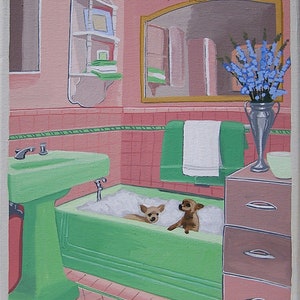 Cute Bathroom Art Print Retro Pink Bathroom Chihuahuas in the Tub Mid Century Modern Limited Edition Wall Art
