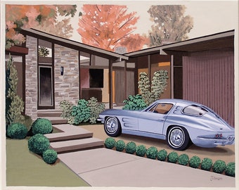 May include: A light blue vintage sports car parked in front of a mid-century modern home with a stone facade. The home has a large, open floor plan with a lot of windows. The car is a classic American design with a long hood and a sleek body.