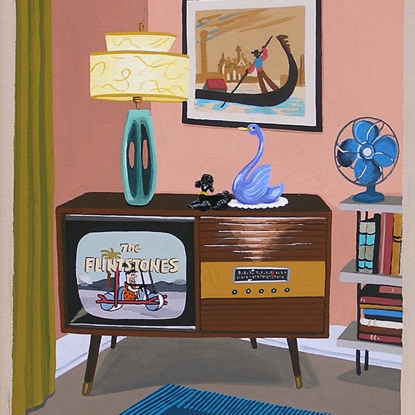 Mid Century Modern Eames Retro Limited Edition Print from Original Painting TV The Flintstones