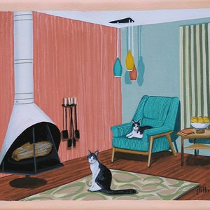 Mid Century Modern Eames Retro Limited Edition Print from Original Painting Fireplace Cats