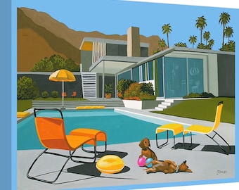 Canvas Print Mid Century Modern Eames Retro from Original Painting Kaufman House Dachshunds