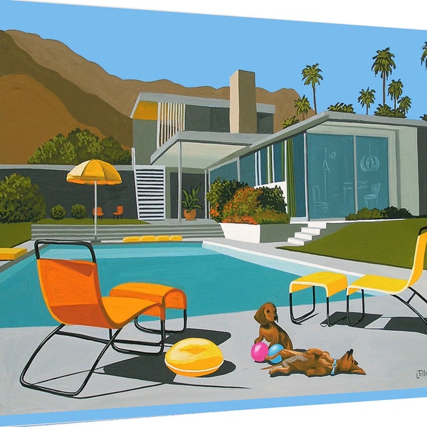 Canvas Print Mid Century Modern Eames Retro from Original Painting Kaufman House Dachshunds