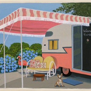 Mid Century Modern Eames Retro Limited Edition Print from Original Painting Flamingo Pink Trailor