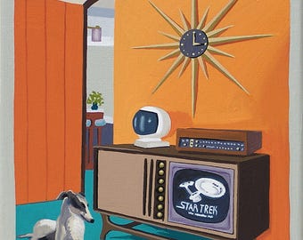 Vintage TV Star Trek Art Print Mid Century Modern Greyhound Dog Space Age
