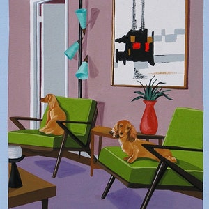 Mid Century Modern Eames Retro Limited Edition Print from Original Painting Dachshunds on Z Chairs