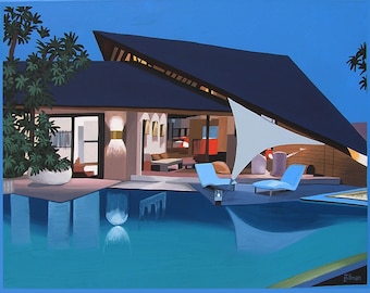 May include: A painting of a modern home with a swimming pool. The home has a large, flat roof with a triangular overhang. The pool is surrounded by a deck with two lounge chairs. The home is painted in shades of blue, gray, and brown.
