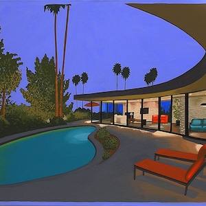 Mid Century Modern Eames Retro Limited Edition Print from Original Painting Circular Patio Night