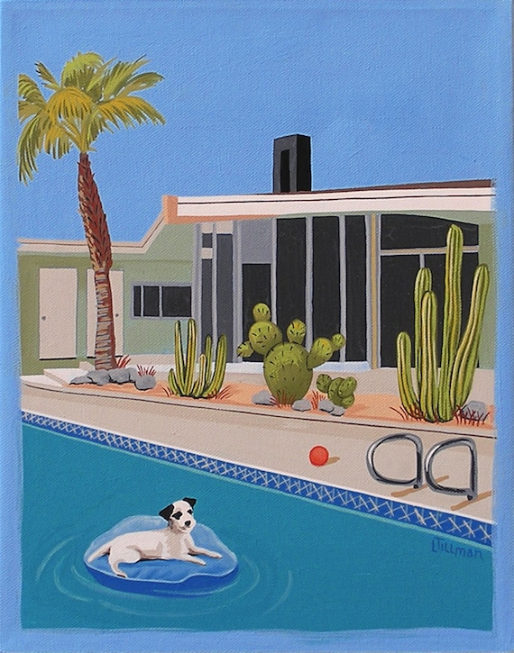 Dog Art Desert Palm Springs House Dog on Float Mid Century Modern