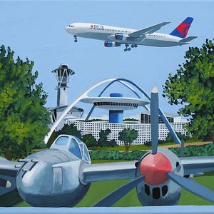 May include: A painting of a vintage airplane with a red propeller in front of a blue sky. The airplane is in front of a building with a white and blue design. A Delta Airlines jet is flying overhead.