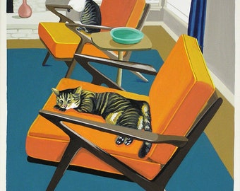 Mid Century Modern Eames Retro Limited Edition Print from Original Painting Two Cats Z Chairs