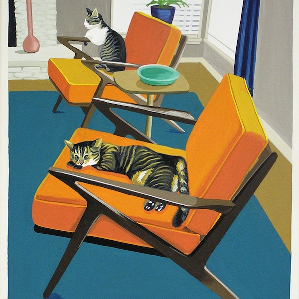 Mid Century Modern Eames Retro Limited Edition Print from Original Painting Two Cats Z Chairs