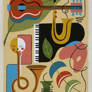 Impression en édition limitée rétro Eames moderne du milieu du siècle à partir de peinture originale Instruments de musique guitare cor de piano