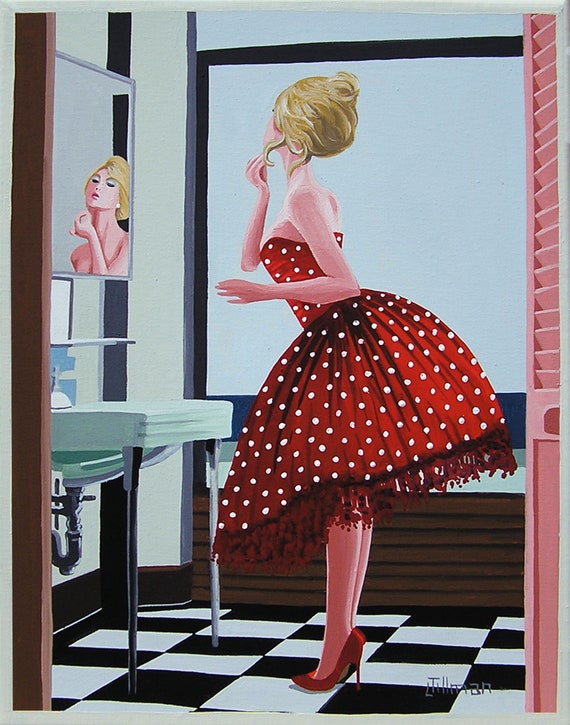 Girl in Red Dress Mid Century Modern Eames Retro Limited Edition Print from  Original Painting