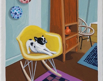 Mid Century Modern Eames Retro Limited Edition Print from Original Painting French Bulldog Shel Chair
