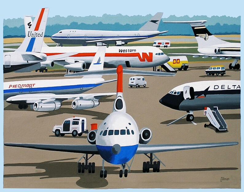 Impresión de aviación, aerolíneas vintage en la pista, aviones retro, impresión artística de edición limitada, arte de pared de aviones de pista de aeropuerto imagen 2