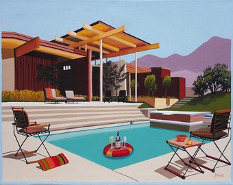 Impresión de edición limitada de cócteles junto a la piscina, estilo moderno de mediados de siglo, cócteles flotantes, arquitectura moderna, arte mural para patio y piscina.