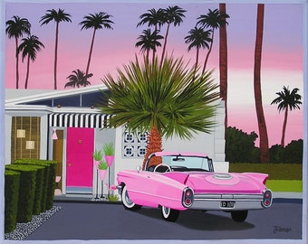 Mid Century Modern Retro Eames Era Print from Original Painting Pink Cadillac