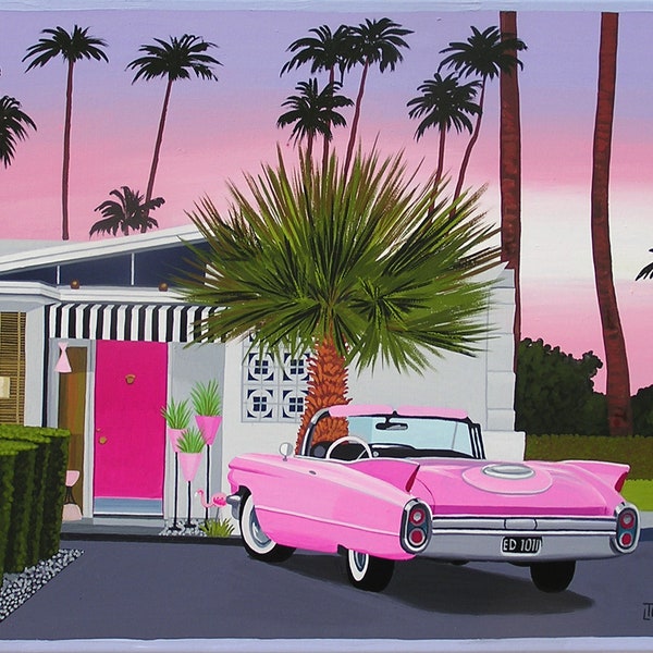 Mid Century Modern Retro Eames Era Print from Original Painting Pink Cadillac