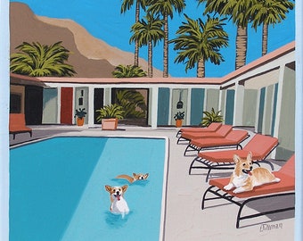 Mid Century Modern Eames Retro Limited Edition Print from Original Painting Corgis Pool