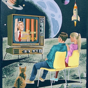May include: A retro-style painting depicts a couple watching "The Tonight Show Starring Johnny Carson" on a vintage television set on the moon. A cat sits nearby. A rocket ship and planets are in the background.