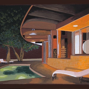 Mid Century Modern Eames Retro Limited Edition Print from Original Painting Pool Patio Night