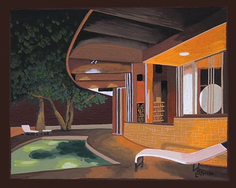 May include: A painting of a modern home with a swimming pool and a lounge chair. The home has a large overhang and a brick wall. The pool is green and the lounge chair is white.